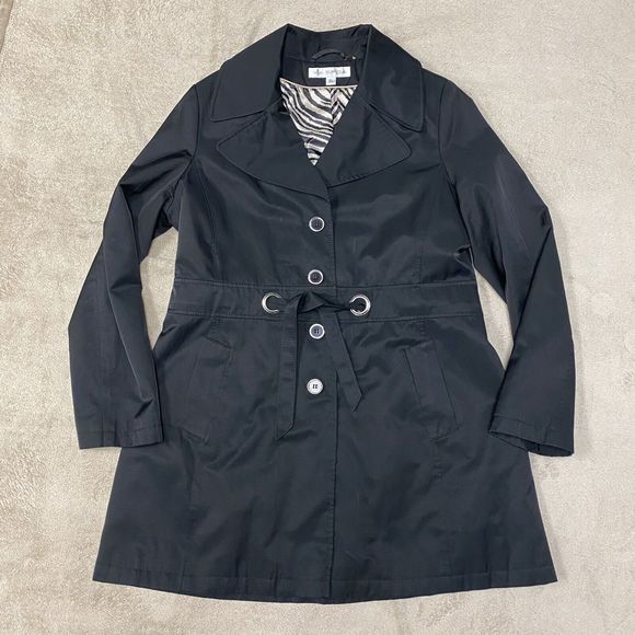 Via Spiga Jackets & Blazers - Via Spiga XL Womens Black Rain Coat Jacket Trench Animal Print Lining Belted